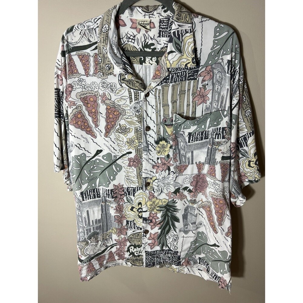 Rainforest Cafe Mens Hawaiian Short Sleeve Shirt Size XL Tropical Frog
